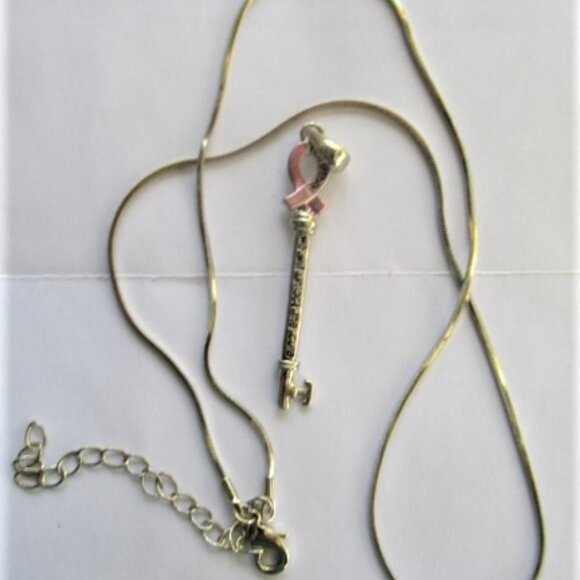 TOGETHER WE WILL UNLOCK THE CURE pink ribbon key necklace - Picture 2 of 3